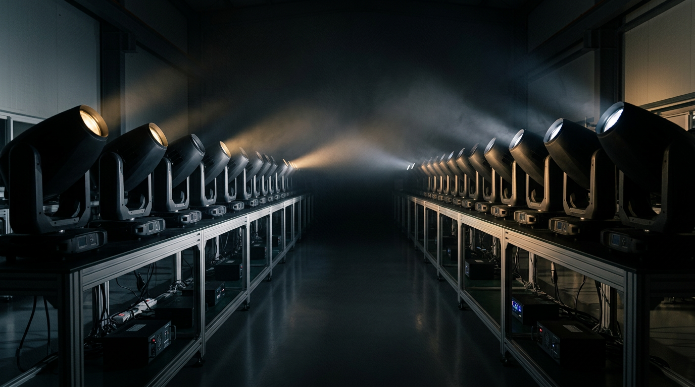 Rows of professional moving-head fixtures under test